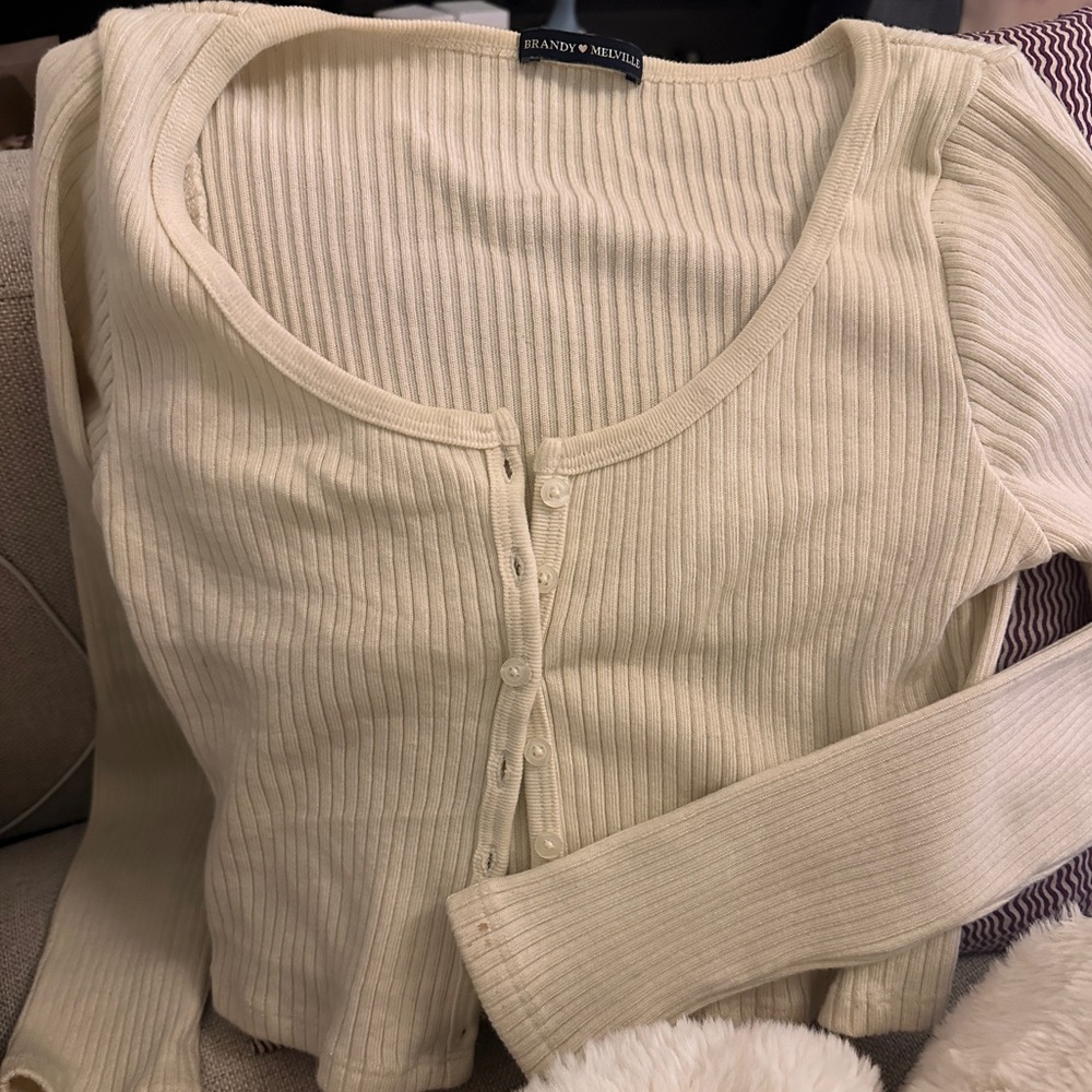 Brandy Melville Cream Ribbed Button-Up Cropped long sleeve